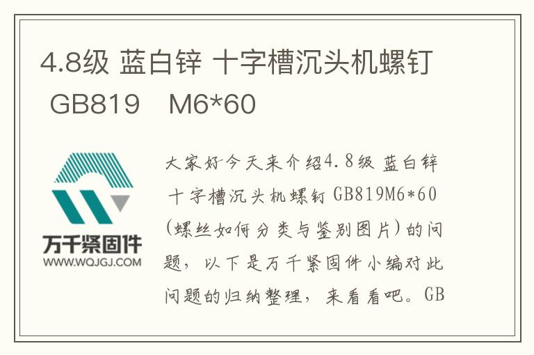 4.8級 藍白鋅 十字槽沉頭機螺釘 GB819	M6*60